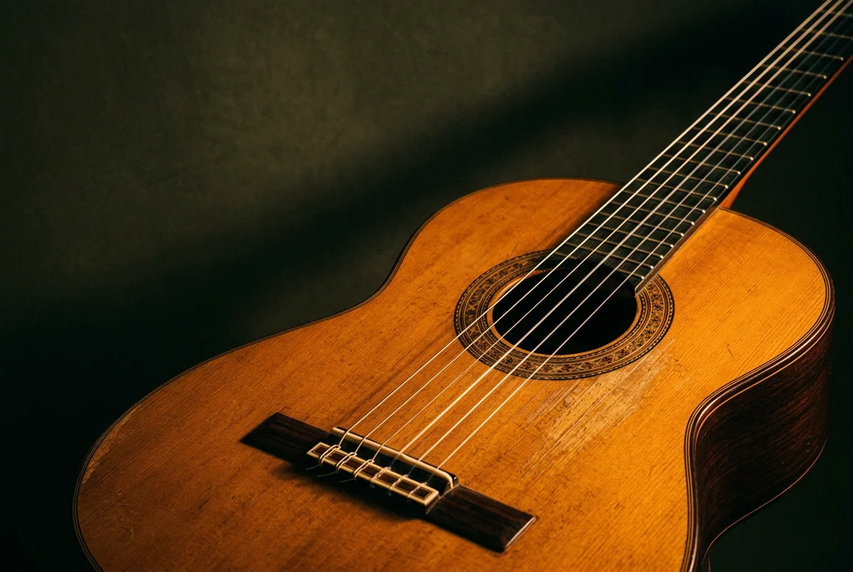 Il legno e le corde di una chitarra classica, illuminati da una luce calda